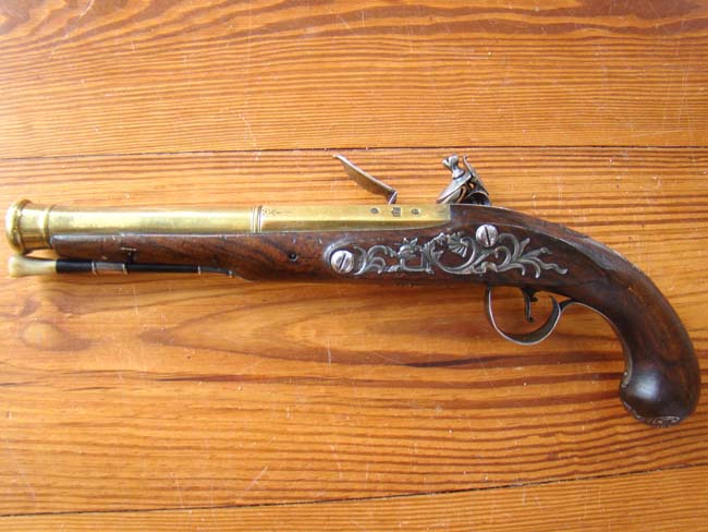 A Revolutionary War period silver mounted brass barreled flintlock Naval officer's pistol — image 2